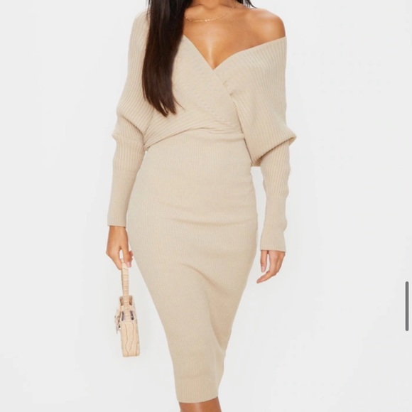 PrettyLittleThing Dresses & Skirts - 45. Pretty Little Thing Off the Shoulder Wrap Midi Sweater Dress Stone Tan Small